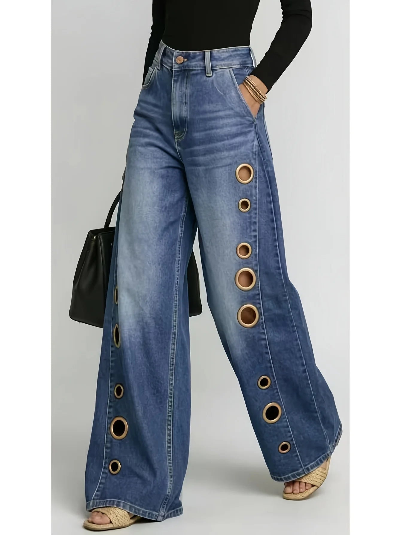 Retro Wide-Leg Jeans with Metallic Eyelets