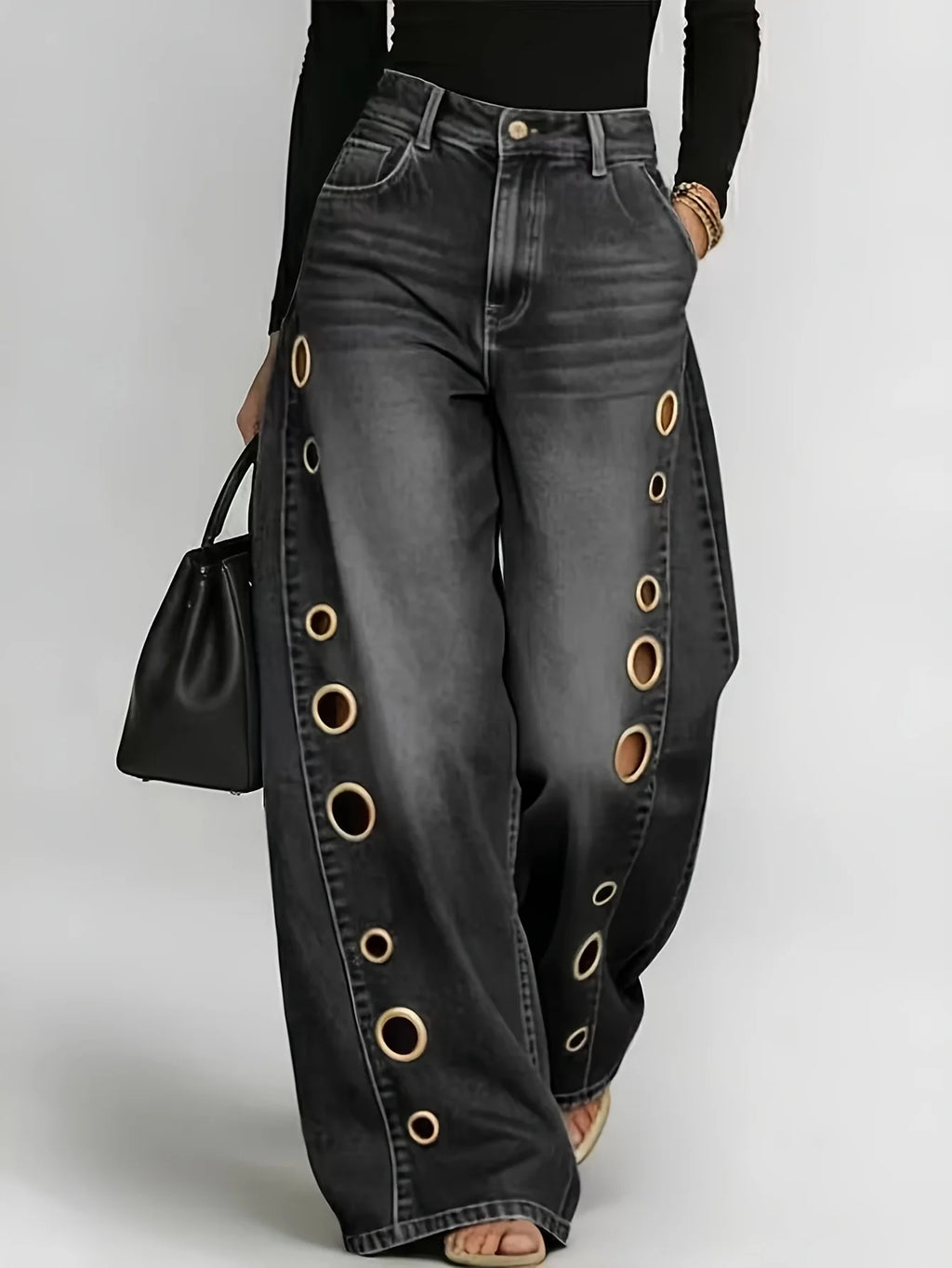 Retro Wide-Leg Jeans with Metallic Eyelets