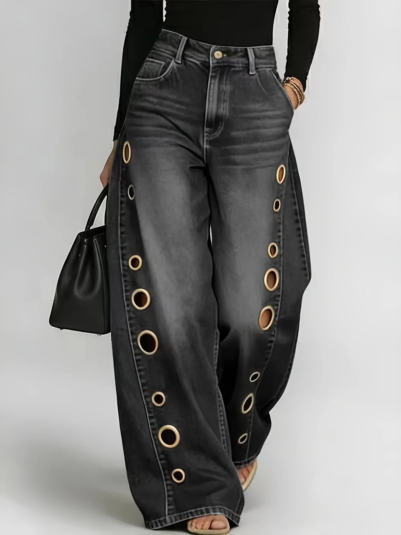 Retro Wide-Leg Jeans with Metallic Eyelets