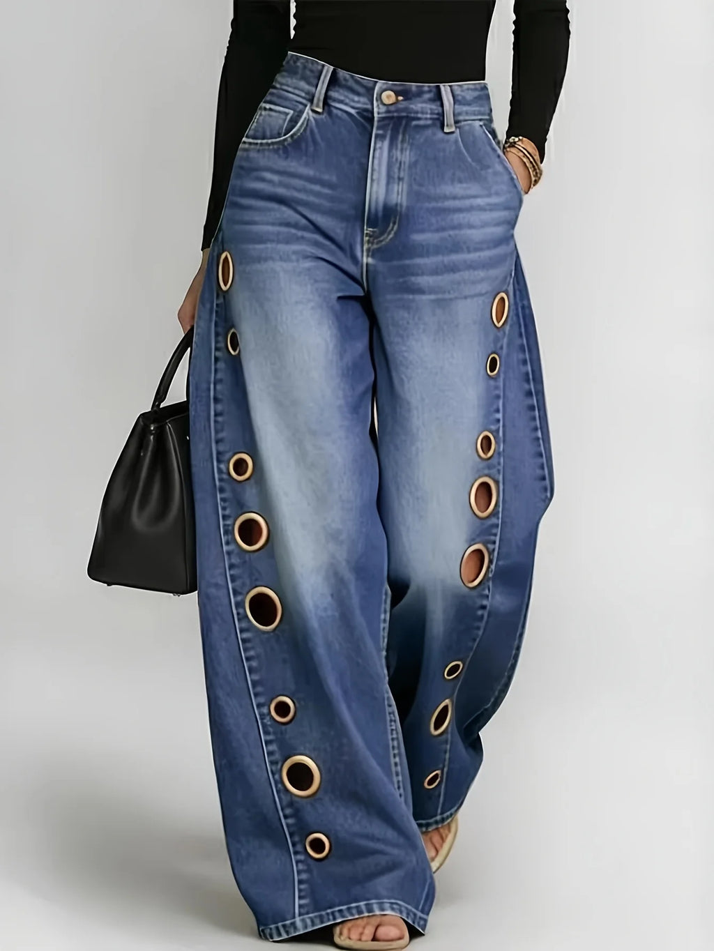 Retro Wide-Leg Jeans with Metallic Eyelets