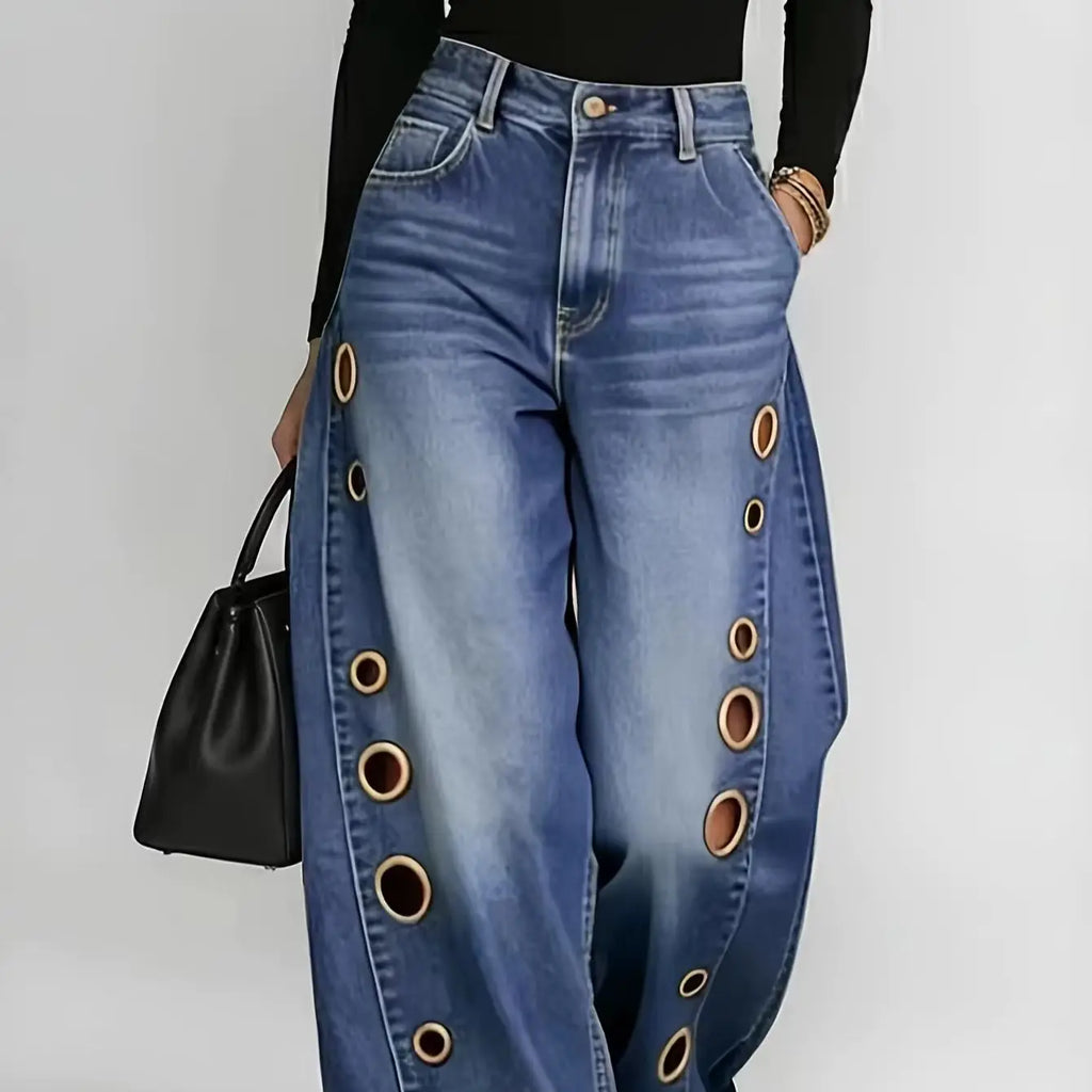 Retro Wide-Leg Jeans with Metallic Eyelets