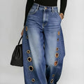 Retro Wide-Leg Jeans with Metallic Eyelets