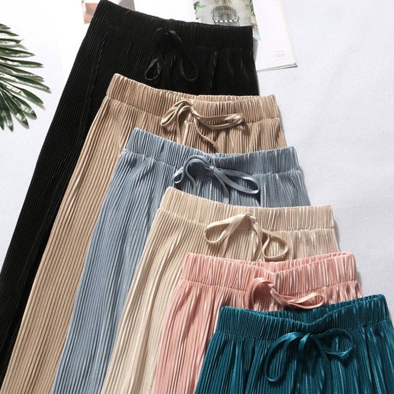 2025 Pantalón Corto de Seda Hielo Plisado Holgado Coreano Casual para Mujer, Pantalón Ancho para Casa, Ropa Deportiva Clásica, Ropa para Niñas, Top Negro