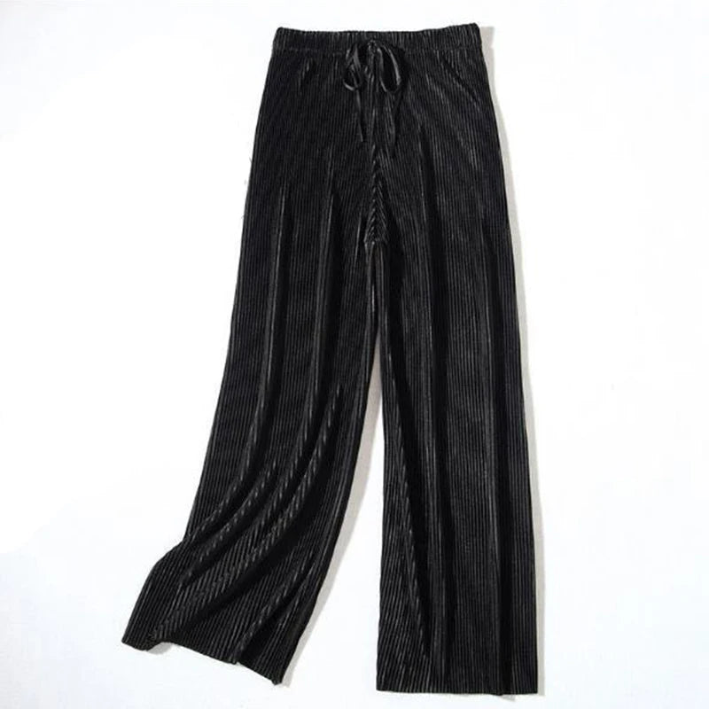 2025 Women's Pleated Loose Ice Silk Korean Casual Cropped Pants Wide Leg Trouse Home Classic Sports Wear Girls Clothes Black Top