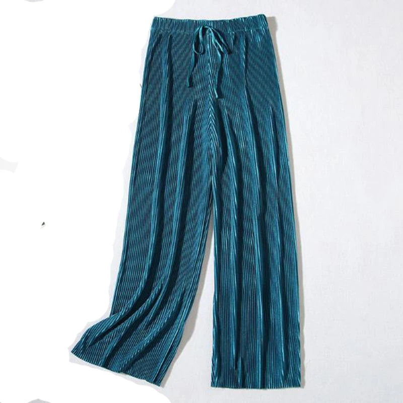 2025 Women's Pleated Loose Ice Silk Korean Casual Cropped Pants Wide Leg Trouse Home Classic Sports Wear Girls Clothes Black Top