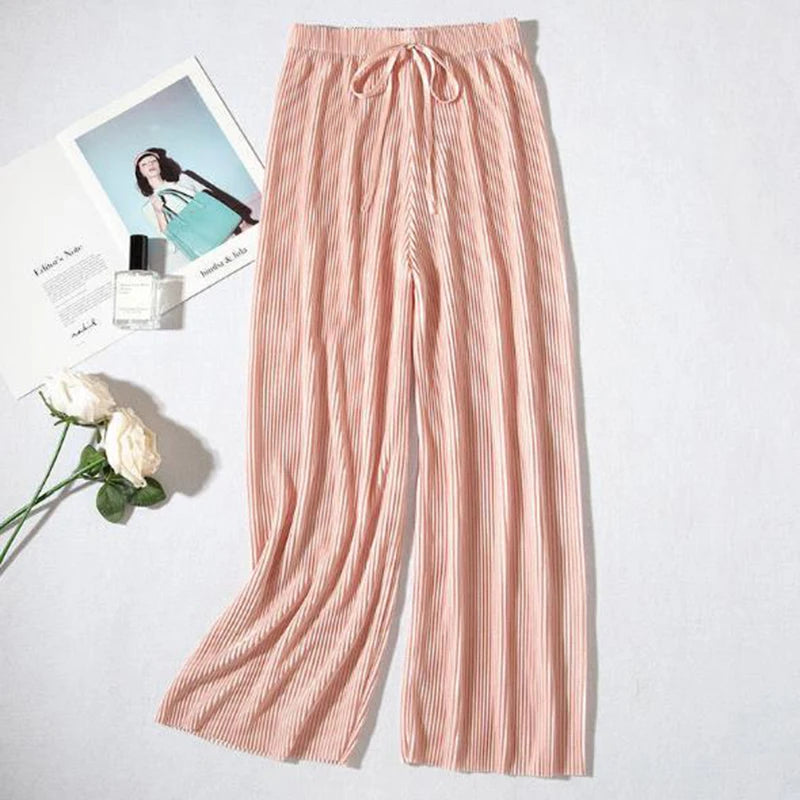 2025 Women's Pleated Loose Ice Silk Korean Casual Cropped Pants Wide Leg Trouse Home Classic Sports Wear Girls Clothes Black Top
