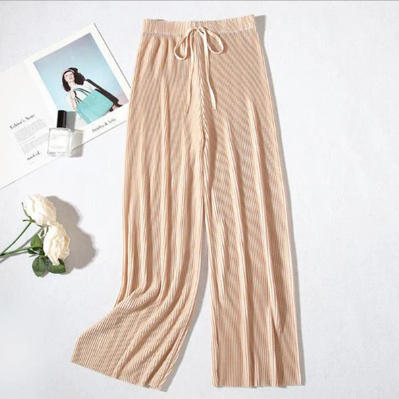2025 Women's Pleated Loose Ice Silk Korean Casual Cropped Pants Wide Leg Trouse Home Classic Sports Wear Girls Clothes Black Top