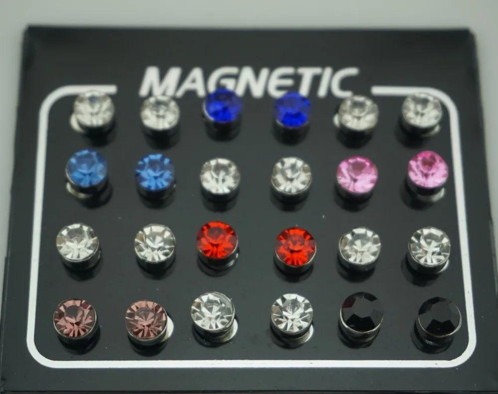 12-Pair Magnetic Crystal Rhinestone Stud Earring Set – No Piercing Unisex