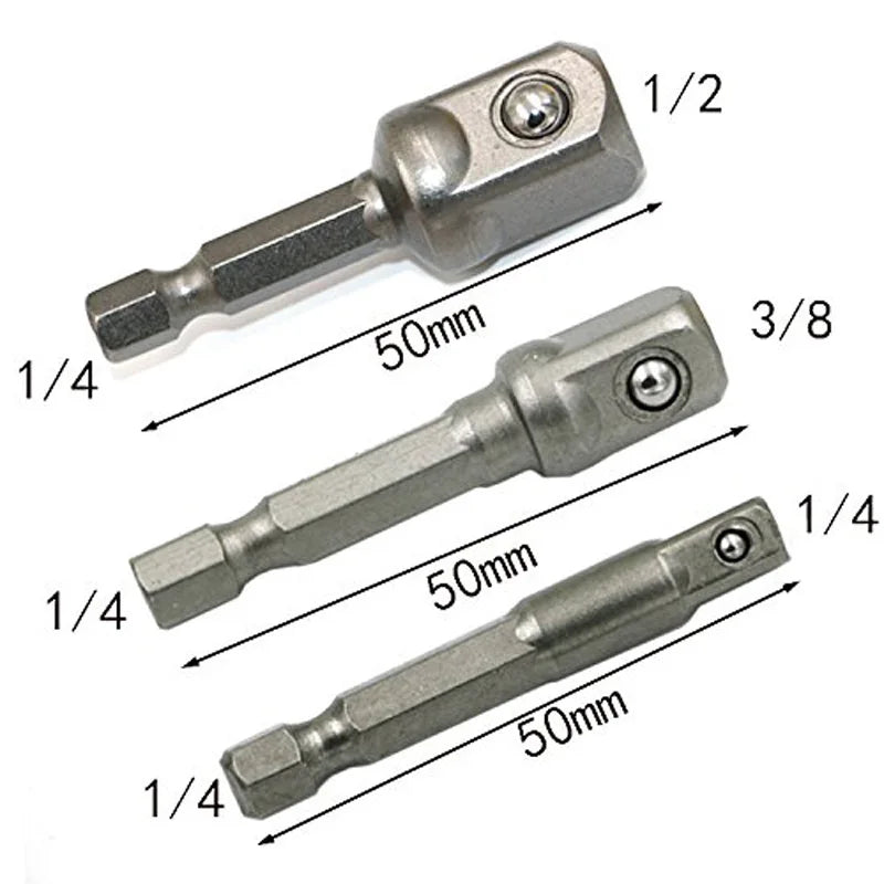 Hex Shank Socket Adapter Set — 1/4", 3/8" & 1/2" Drive