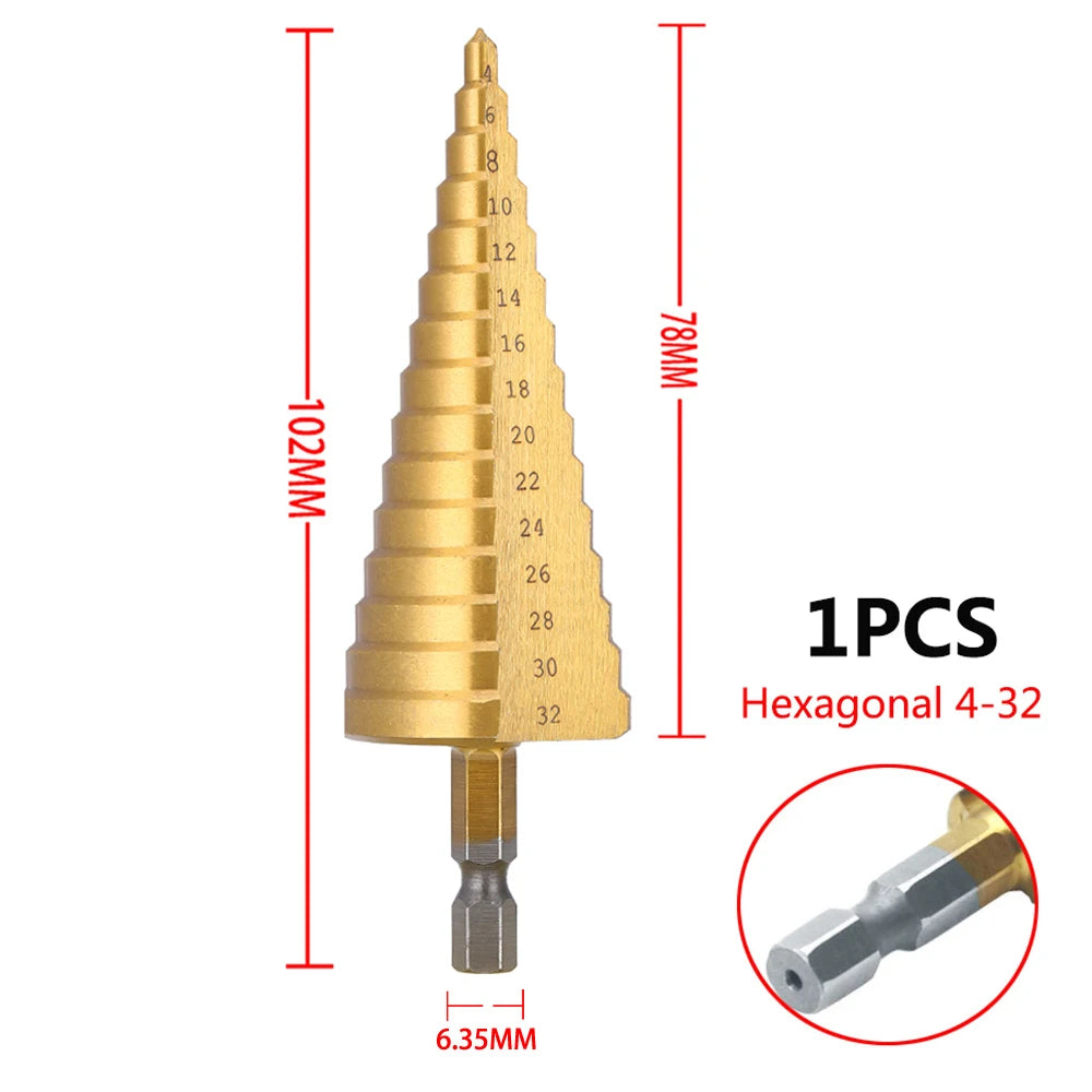 HSS Titanium Step Drill Bit Set – High Speed Steel, Metal & Wood Hole Cutter