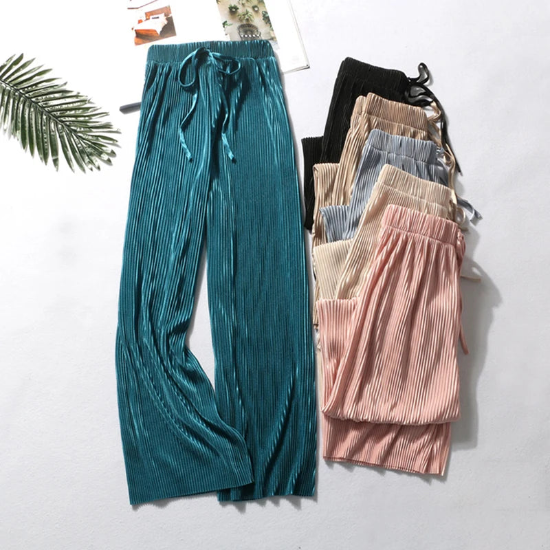2025 Pantalón Corto de Seda Hielo Plisado Holgado Coreano Casual para Mujer, Pantalón Ancho para Casa, Ropa Deportiva Clásica, Ropa para Niñas, Top Negro