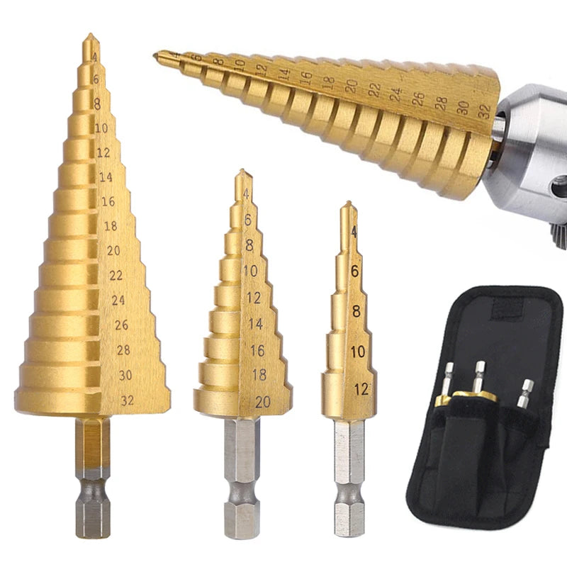 HSS Titanium Step Drill Bit Set – High Speed Steel, Metal & Wood Hole Cutter