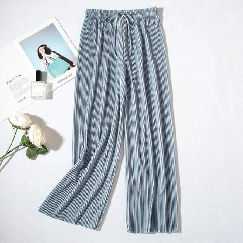 2025 Women's Pleated Loose Ice Silk Korean Casual Cropped Pants Wide Leg Trouse Home Classic Sports Wear Girls Clothes Black Top
