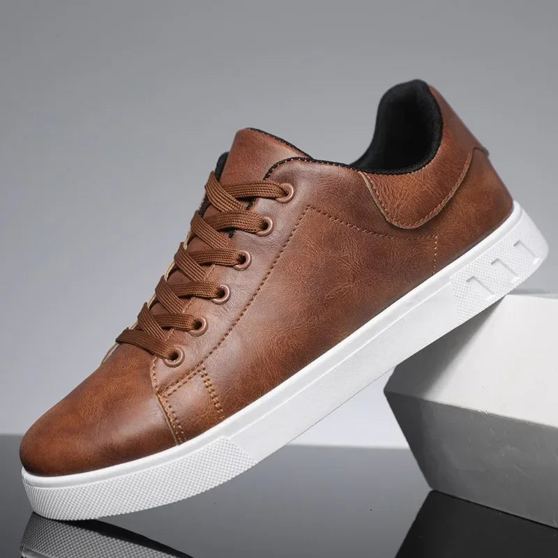 Men's British-Style Leather Sneakers | Casual Lace-Up Flat Shoes