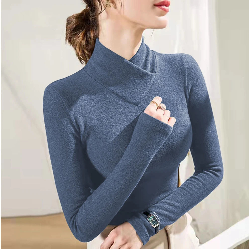 Crossover High Collar Long Sleeve Knit Top – 7 Colors