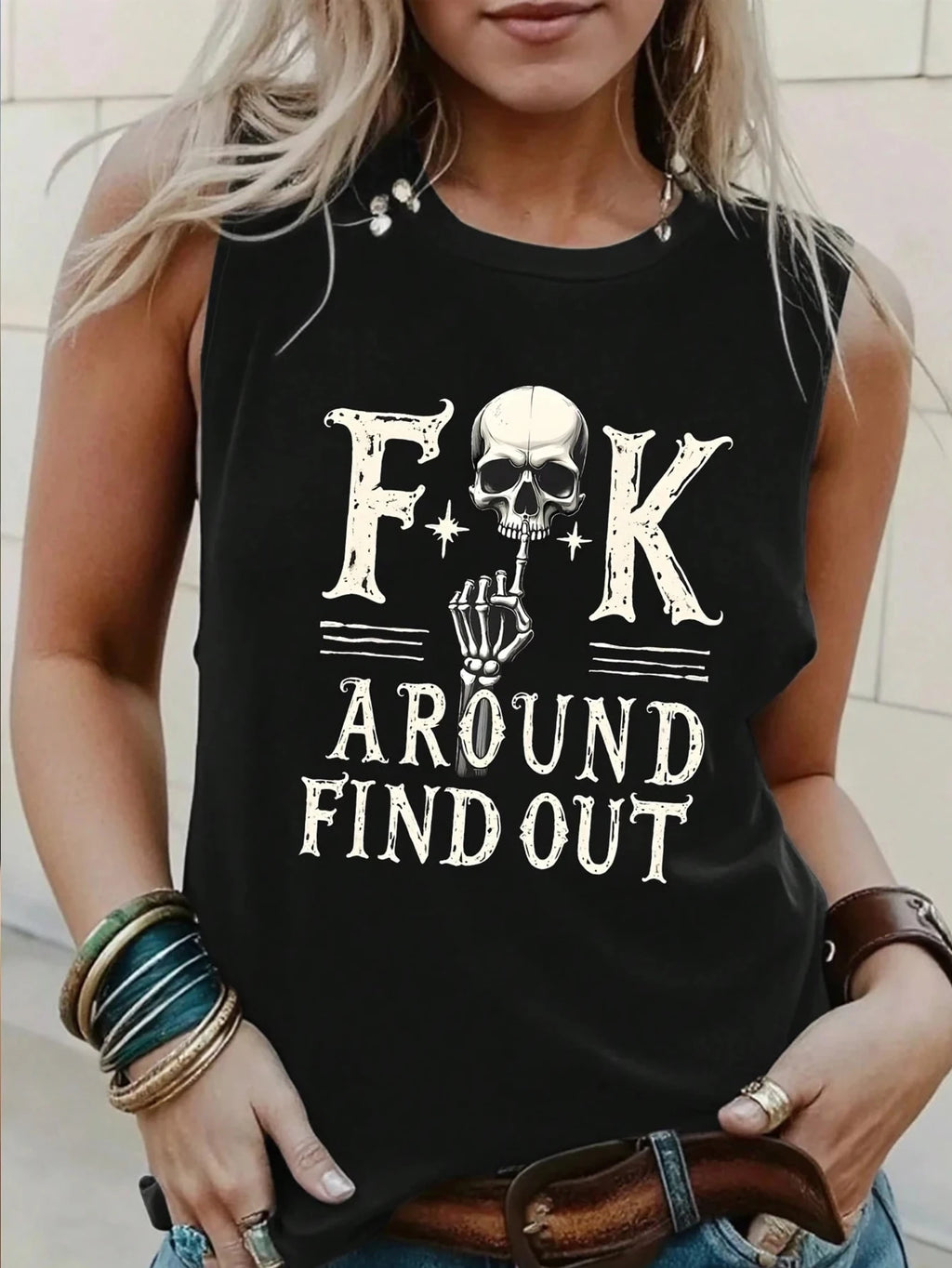 Top sin mangas con estampado retro de calle oscura europea casual y moderno para mujer