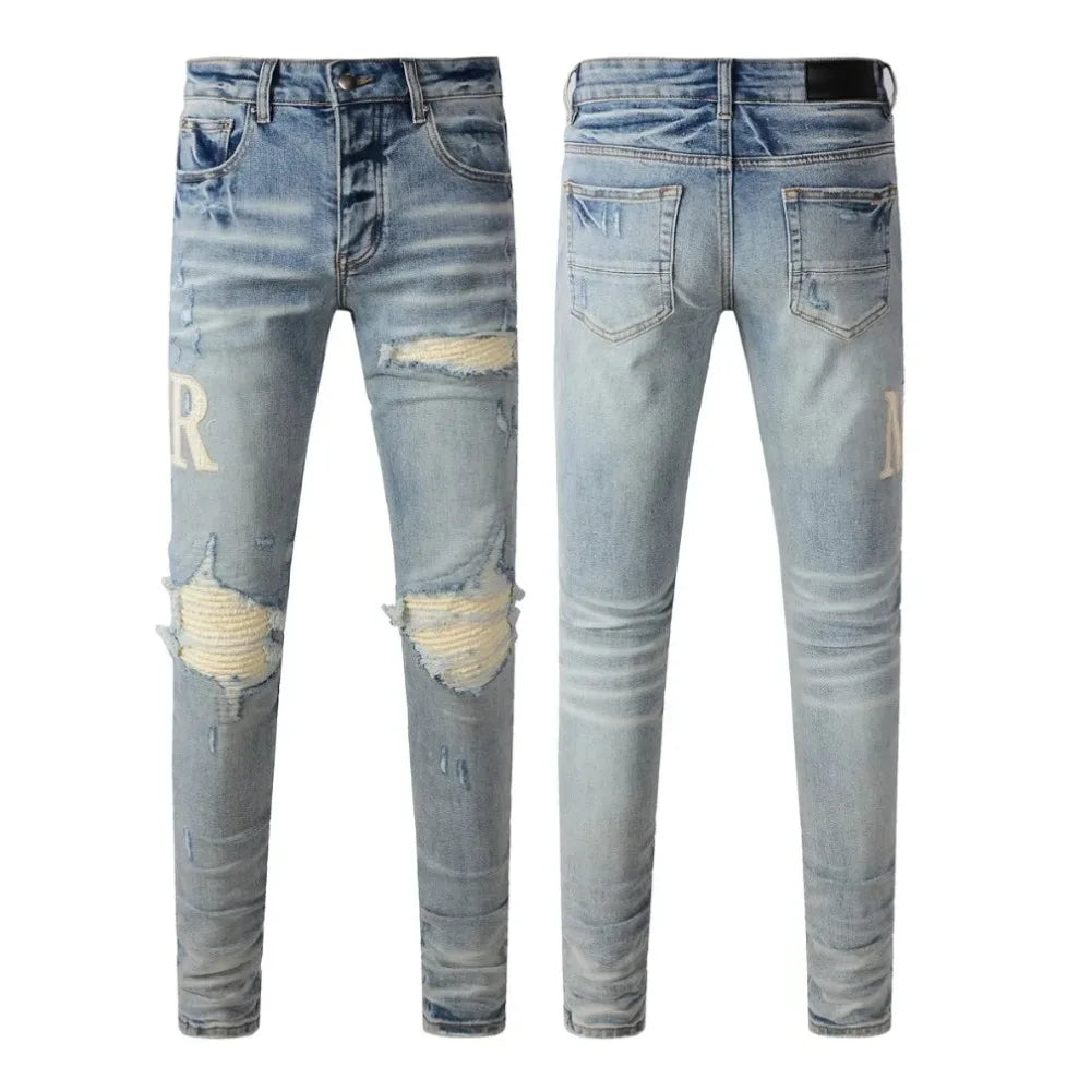 Slim Fit Ripped Denim Jeans – Retro American Streetwear
