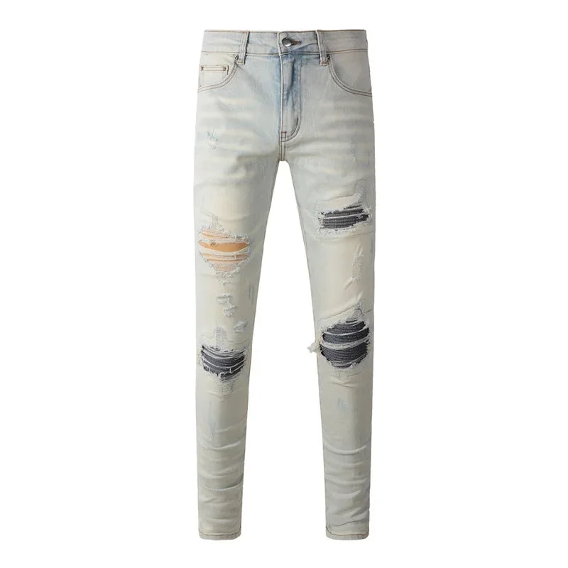 Slim Fit Ripped Denim Jeans – Retro American Streetwear