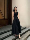 Women's Black Sleeveless A-Line Midi Dress with Pockets