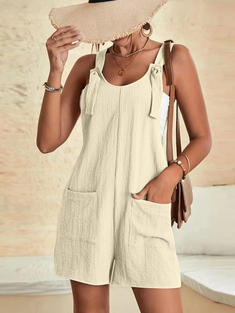 Women's Tie-Knot Strap Romper – Loose Casual Shorts Jumpsuit with Pockets