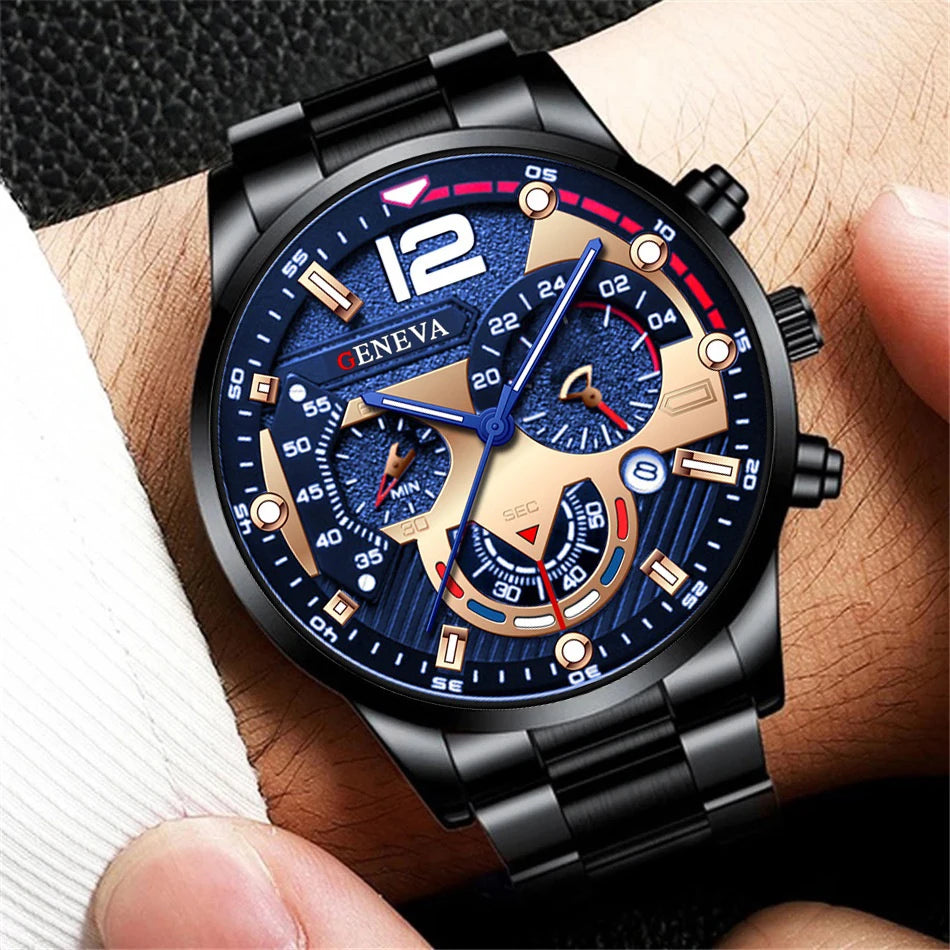 Reloj de cuarzo para hombre de acero inoxidable – Esfera tipo cronógrafo con calendario