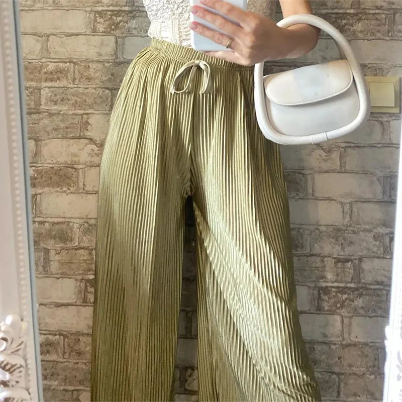 2025 Women's Pleated Loose Ice Silk Korean Casual Cropped Pants Wide Leg Trouse Home Classic Sports Wear Girls Clothes Black Top