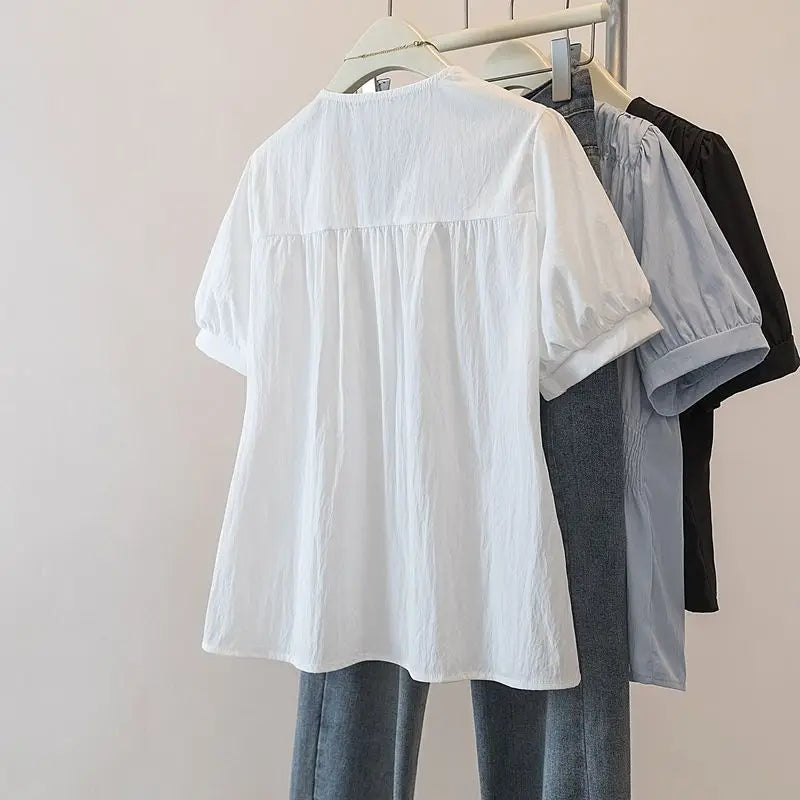 Women's Plus Size Puff Sleeve Blouse – V-Neck Smocked Waist Peplum Top