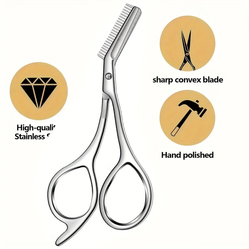 Stainless Steel Eyebrow Scissors with Built-In Comb