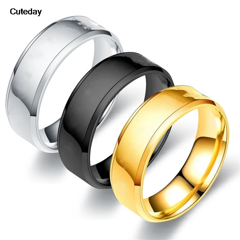 Anillo clásico de acero inoxidable liso de 8 mm | Alianza de boda para parejas | Plata, Oro Rosa, Negro, Oro