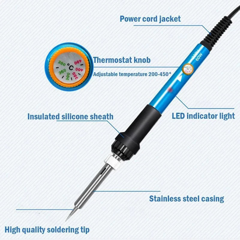 60W Adjustable Temperature Soldering Iron — US & EU Plug, Soldering Kit Options