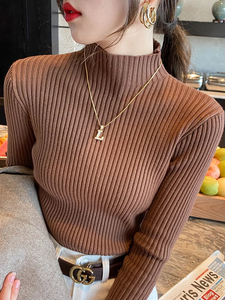 Women's Elegant Mock Neck Slim Knit Sweater | Long Sleeve Casual Pullover 9 Colors One Size