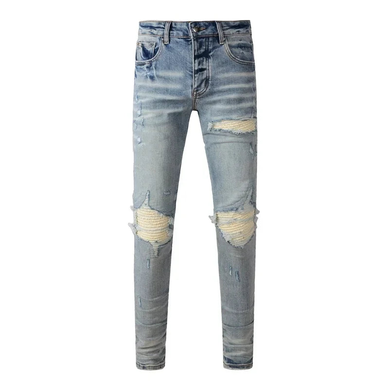 Slim Fit Ripped Denim Jeans – Retro American Streetwear