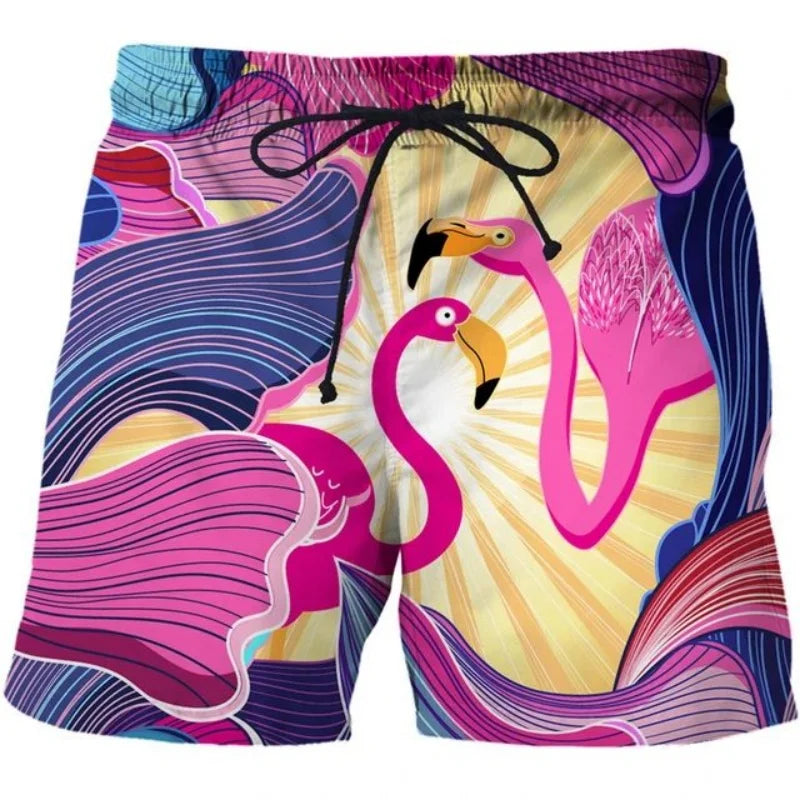 3D Printed Animal Board Shorts – Flamingo, Shark & Owl Hawaiian Swim Trunks
