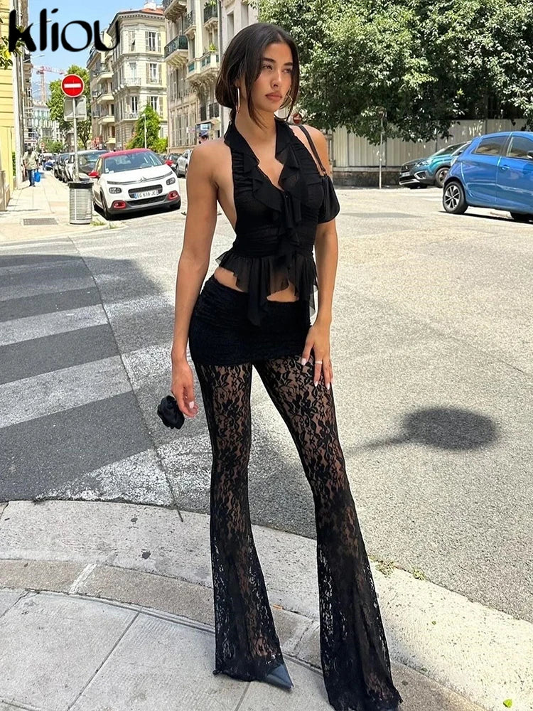 Women's Lace See-Through High Waist Straight Pants