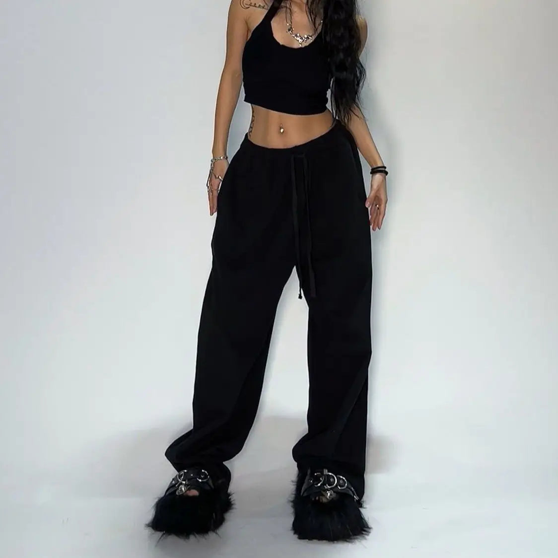 Y2K Wide Leg Cargo Sweatpants – Drawstring Jogger Pants for Women & Men