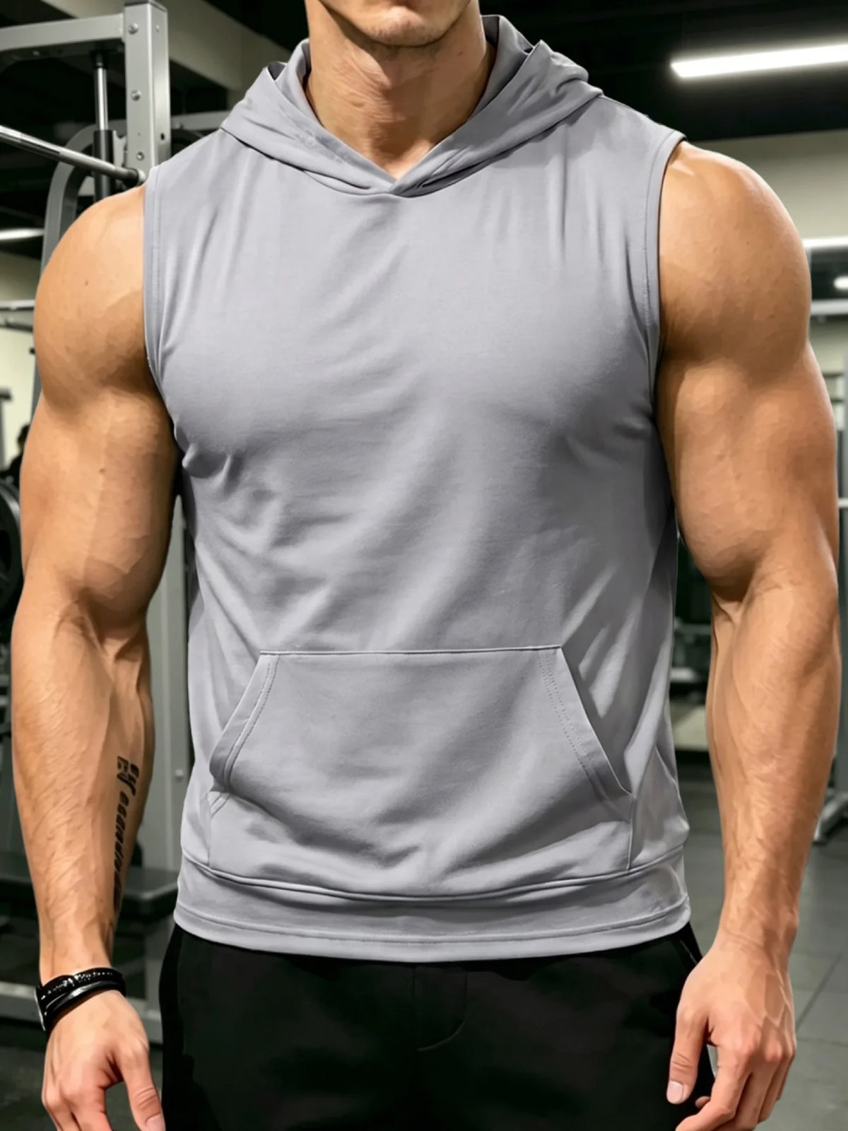 Unisex Hooded Sleeveless Gym Vest – Deep Cut Training Top with Kangaroo Pocket