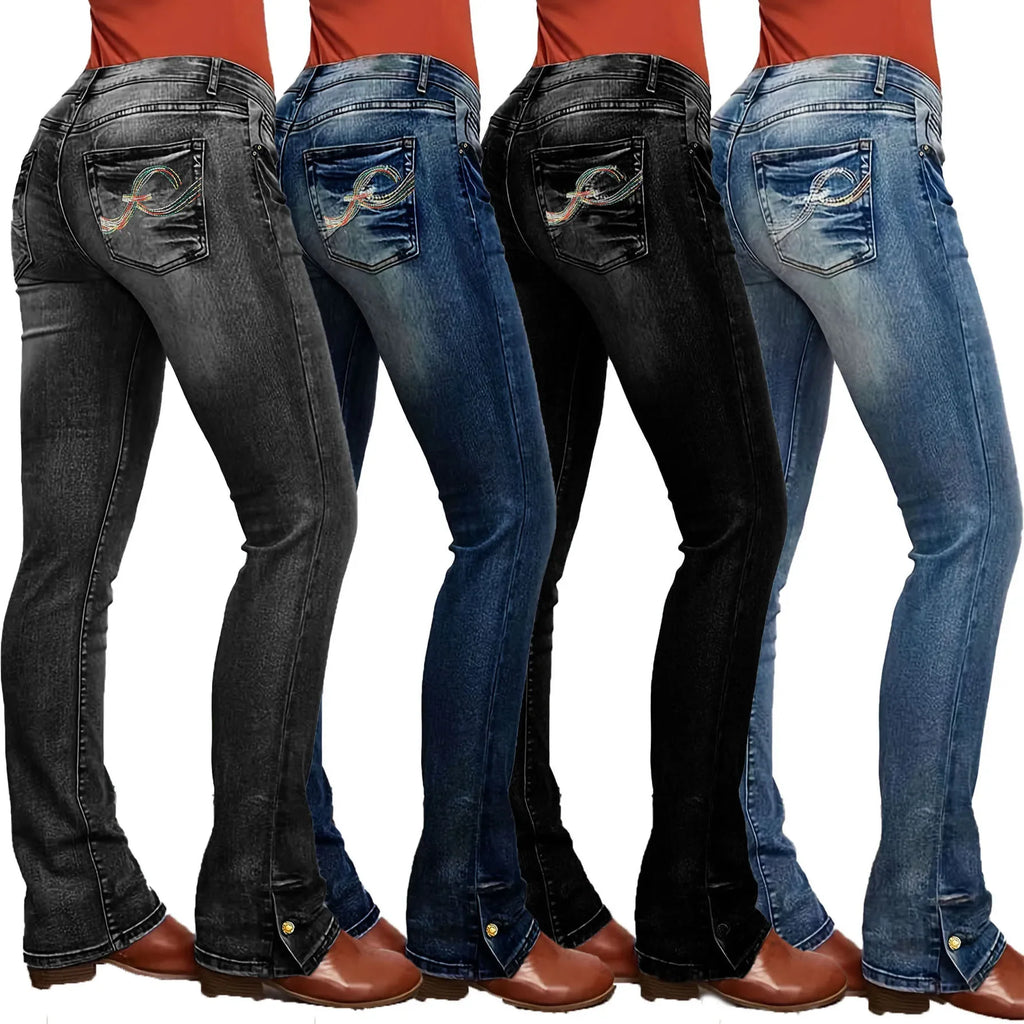 Distressed Embroidery Straight-Leg Jeans