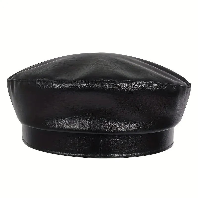 Moda Mujer Hebilla de cinturón grande Sombrero de cuero Primavera Otoño Sombreros de marinero Gorras de boina negras para mujer Gorras militares de capitán con parte superior plana para hombre