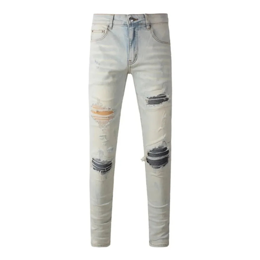 Slim Fit Ripped Denim Jeans – Retro American Streetwear