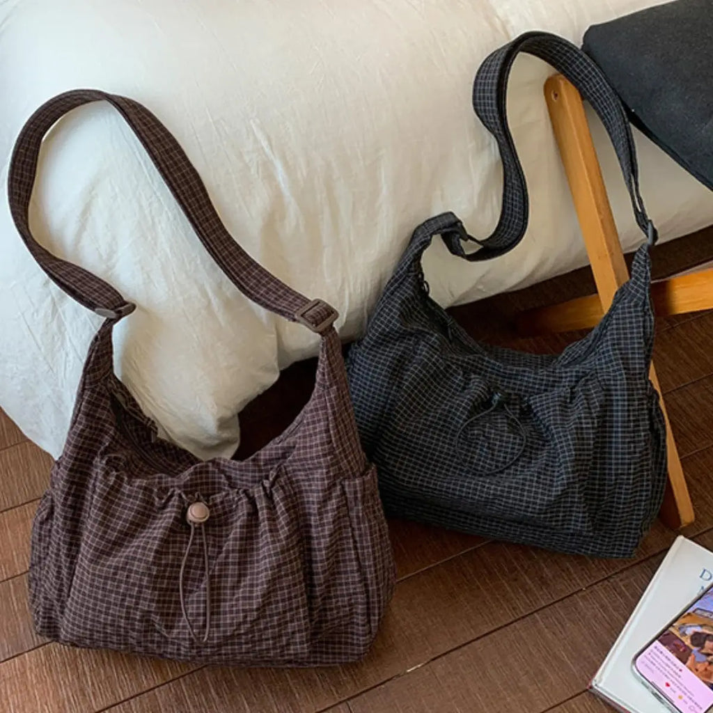 Korean Style Plaid Casual Shoulder Bag, Lightweight Checkered Crossbody Bag with Adjustable Strap, Cotton Quilted Fabric Handbag