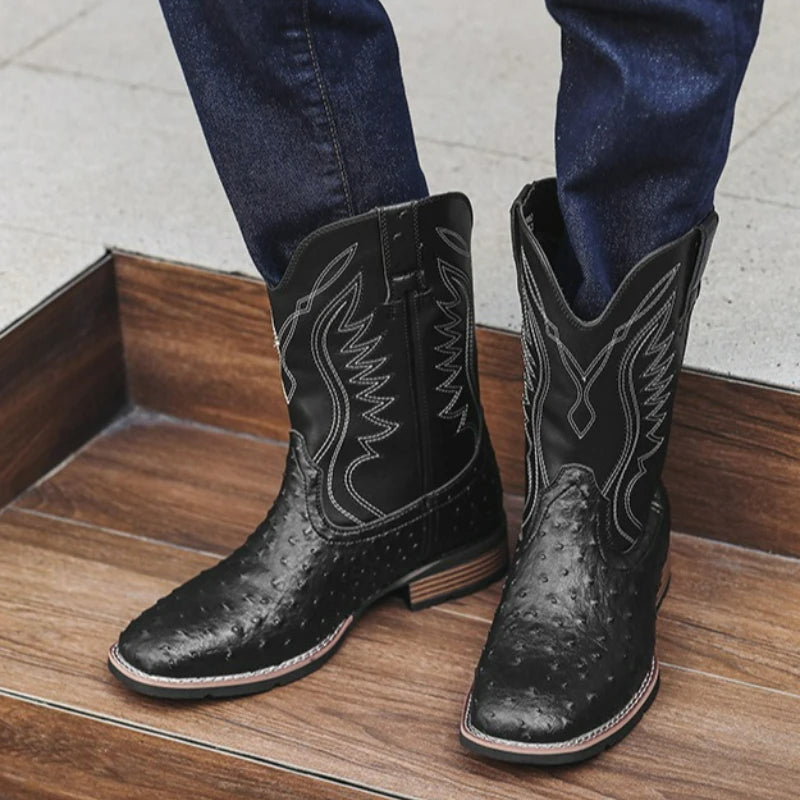 Men's Retro Slip-On Cowboy Boots – Wide Square Toe Embroidery Mid-Calf