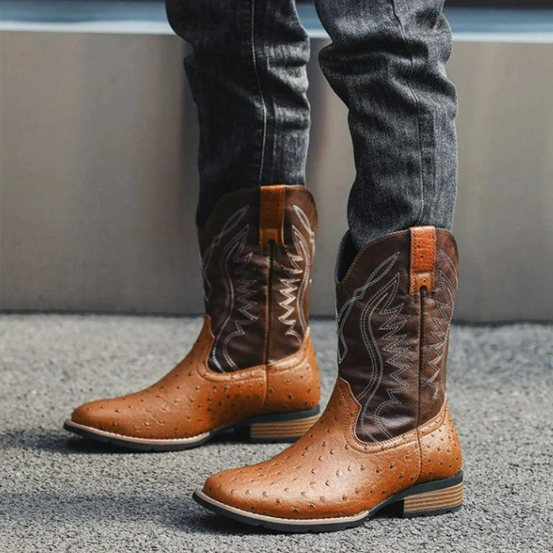 Men's Retro Slip-On Cowboy Boots – Wide Square Toe Embroidery Mid-Calf