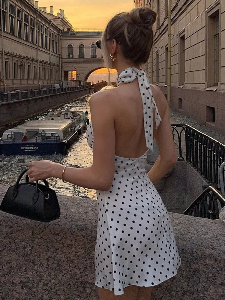 Vestido Mini Halter de Lunares para Mujer | Vestido de Fiesta de Verano Y2K sin Espalda y con Hombros Descubiertos Tallas S-XL