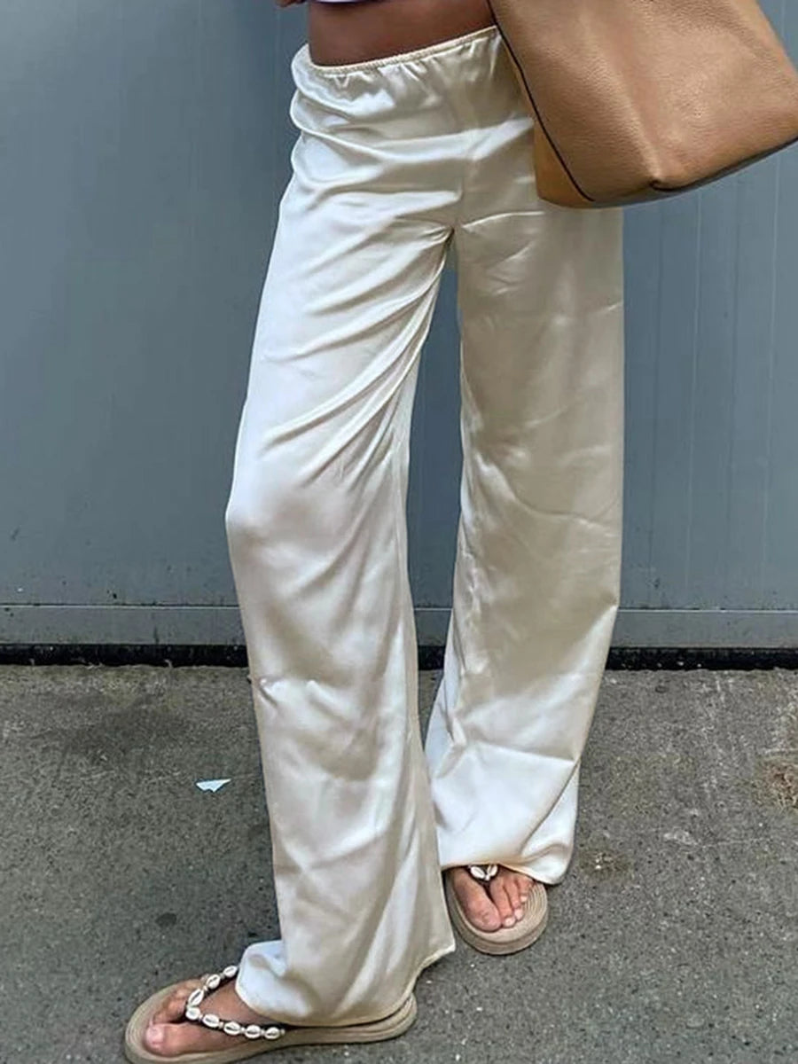 Elegantes pantalones de satén de pernera ancha para mujer, con estilo, cintura elástica, ajuste holgado, pantalones largos para ropa de calle, trabajo, color liso