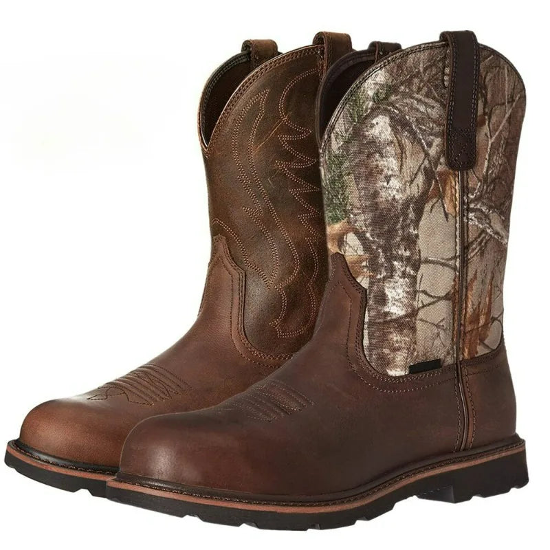 Men's Slip-On Cowboy Boots – Tree Embroidery Western Mid-Calf