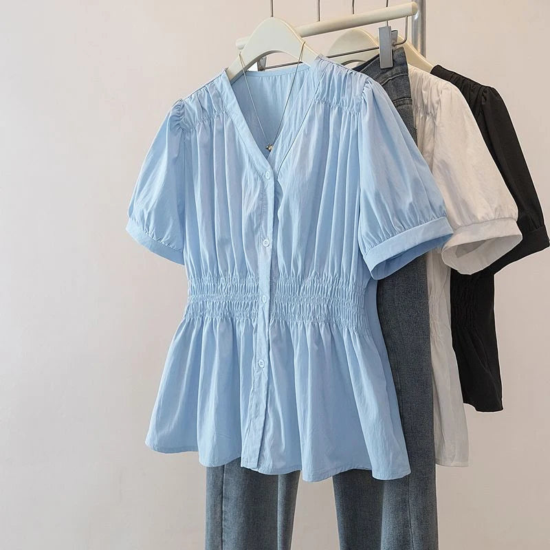 Women's Plus Size Puff Sleeve Blouse – V-Neck Smocked Waist Peplum Top