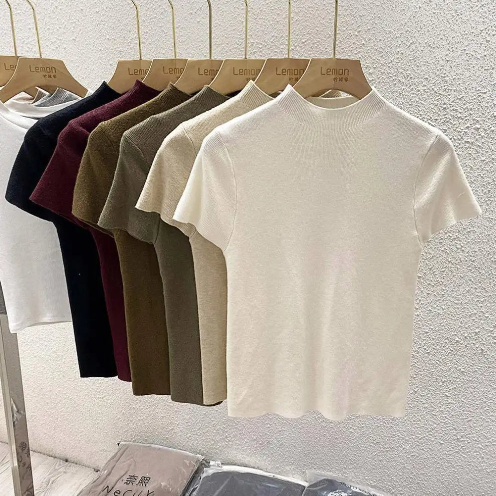Jersey de punto fino de cuello simulado y manga corta para mujer | Top ajustado tipo bodycon de una talla para llevar en capas