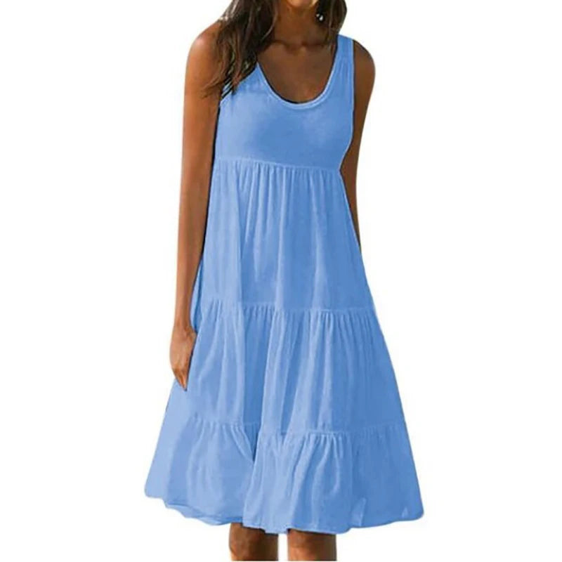 Minivestido informal sólido para mujer Verano 2024 Elegante sin mangas con volantes Vestido corto suelto para fiesta en la playa Vestido playero extragrande estilo urbano