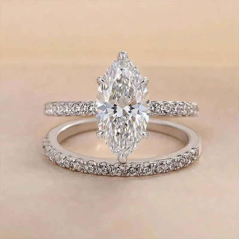 Anillo de circonita marquesa de plata de ley 925 | Joyería fina clásica | Regalo de compromiso y boda para mujer