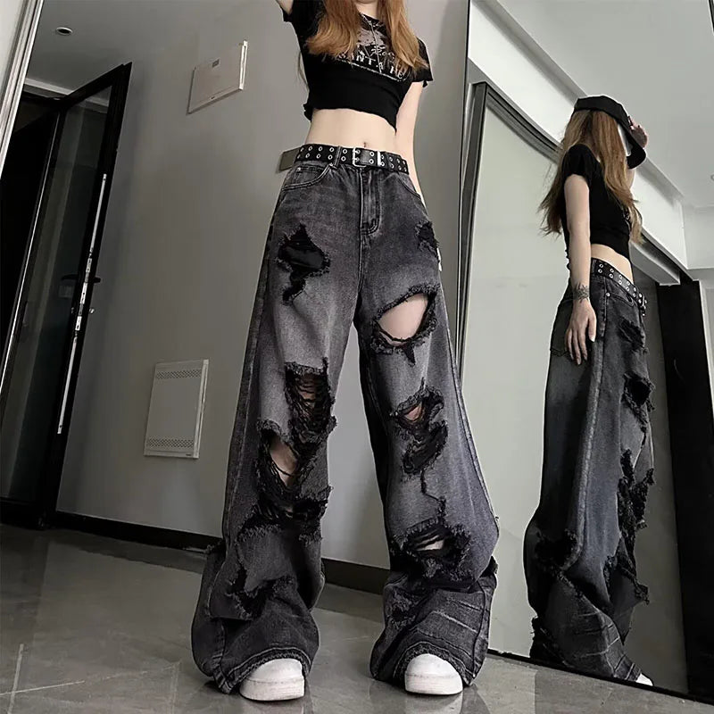 Vintage Black Ripped Wide-Leg Jeans